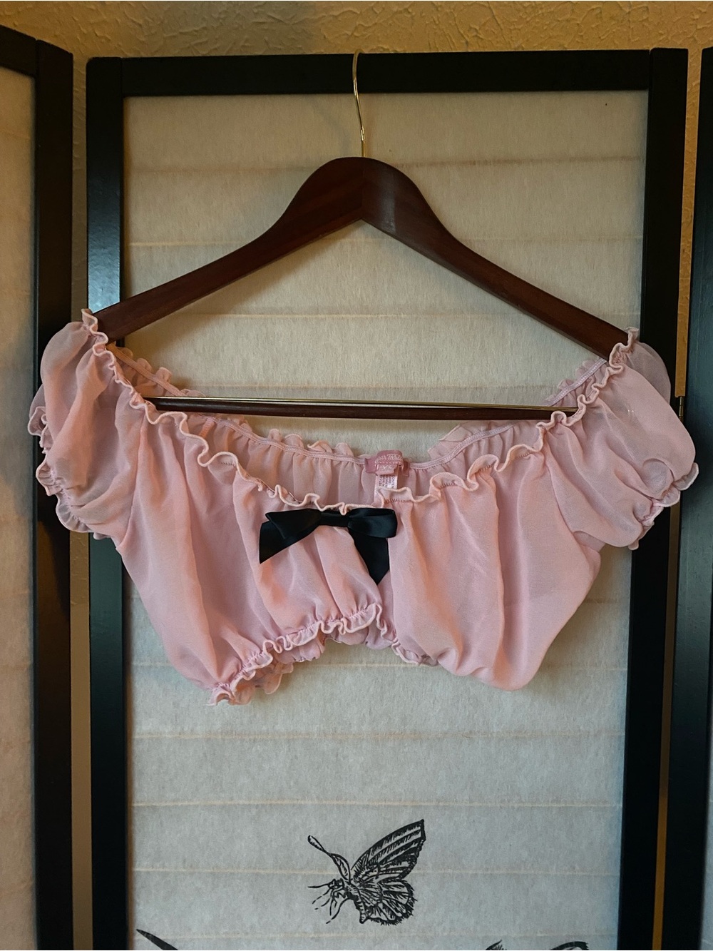 Dolls Kill Pink Ruffled Off-Shoulder Bandeau with Black Bow